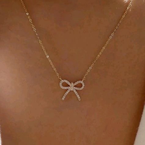 Gold-Tone Rhinestone Bow Necklace Secured With Lobster Clasp Tiny Necklace Gold, Beautiful But Simple Necklace, Gold Cute Jewelry, Cute Jewelry For Teens Necklaces Gold, Cute Necklaces Gold, Cute Girly Jewelry, Hoco Jewelry Gold, Gold Charm Necklaces, Cute Gold Necklaces