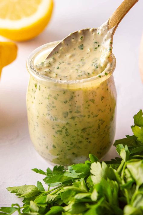 Lemon Herb Tahini Dressing, Tahini Vinaigrette, Italian Vinaigrette, Sip And Feast, Feast Recipes, Tahini Dressing Recipe, Homemade Dressings, Green Salads, Vegetable Dips