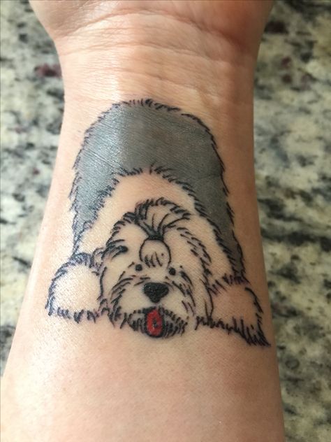 Old English Sheepdog Tattoo, Sheepdog Tattoo, Cat Lover Tattoo, Old English Sheepdog Puppy, Ann Louise, Pawprint Tattoo, Dog Portraits Art, Tibetan Terrier, Bearded Collie