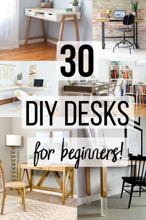 Great collection of DIY desk ideas that are easy to build for beginners! Includes wood desk ideas for small spaces, organization, L-shaped and small office spaces with storage and with drawers! #anikasdiylife Wood Desk Ideas, Small Spaces Organization, Desk Ideas For Small Spaces, Diy Storage Desk, Diy Desk Ideas, Diy Desks, Easy Diy Desk, Diy Wood Desk, Diy Desk Plans