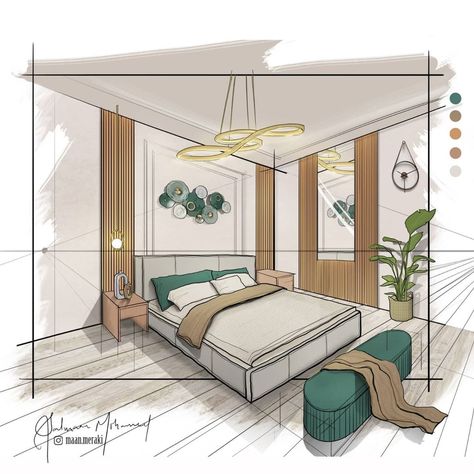 A quick illustrated bedroom concept in champagne and pine green accent. Digital Handsketch on Photoshop. Let me know how you like this… | Instagram Interior Architecture Sketch, Interior Design Portfolio Layout, Interior Design Sketchbook, Furniture Design Sketches, Interior Design Renderings, Drawing Interior, Interior Architecture Drawing, Interior Design Drawings, Lights Bedroom