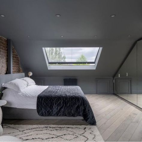 #flatroofhouse #roofdesign #modernhome #skylighthouse #interiordesign  #homeimprovement #inspiration #homedecor Mirror On Roof Bedroom, Victorian Terrace Extension, Architect Photography, Roof Windows, Bedroom Large, Roof Lantern, Door Inspiration, Mirrored Wardrobe, Loft Conversion