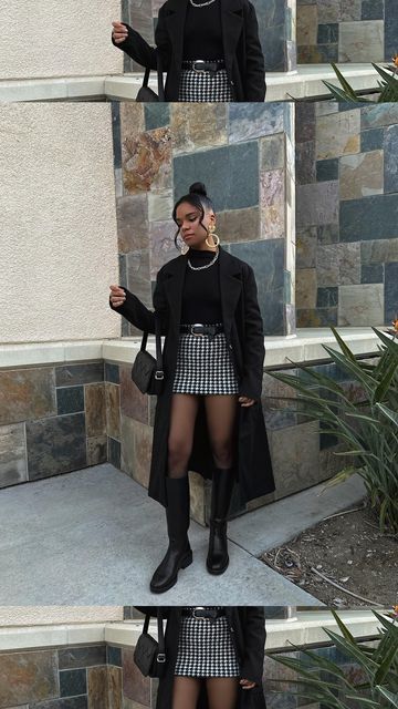 Black Trench Coat Outfit Classy Chic, Monochrome Skirt Outfit, Houndstooth Skirt Outfit Fall, Monochromatic Outfit Black And White, Houndstooth Coat Outfit Street Style, Houndstooth Mini Skirt Outfit, Skirt And Trench Coat Outfit, Black And White Polka Dot Skirt Outfit, Black And White Coat Outfit