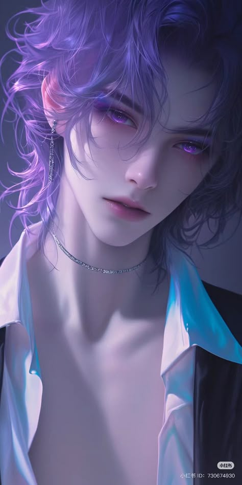 Purple Eyed Anime Guy, Semi Realistic Male, White Hair Anime Guy, Violet Eyes, Cute Tumblr Wallpaper, Cute Fantasy Creatures, Boys Long Hairstyles, Dark Anime Guys, Anime Guys Shirtless