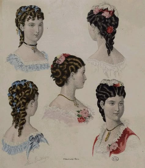 Coloured fashion plate showing hair styles of the 1880s 1880 Hairstyles, Historic Hairstyles, 19th Century Hair, Historical Hairstyles, Historical Hats, Victorian Hair, 1870s Fashion, 1880s Fashion, Victorian Hairstyles