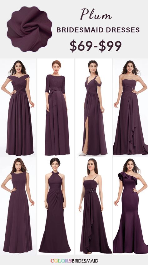 Plum bridesmaid dresses on sale $69-99, in 600+ custom-made styles and all sizes. 150+colors, made to order, fast arrived, color sample available. #colsbm #bridesmaids #bridesmaiddresses #plumwedding #weddingideas #plumdress b1232 Plum Bridesmaid Dresses Long, Color Combos 2023, Grey Fall Wedding, Bridesmaid Dresses Styles, Grey Groom Suit, Basque Waist Wedding Dress, Plum Bridesmaid Dress, October Wedding Colors, Plum Bridesmaid