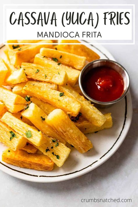 Mandioca frita (or cassava fries) are perfectly crispy on the outside and soft and creamy on the inside! They make the perfect side dish or snack! Top them with sea salt and serve with ketchup or seasoned garlic-mayo. Cassava Fries, Cape Verde Food, Garlic Mayo, Flan Recipe, Plantains Fried, Fries Recipe, Cape Verde, All Recipes, Think Food