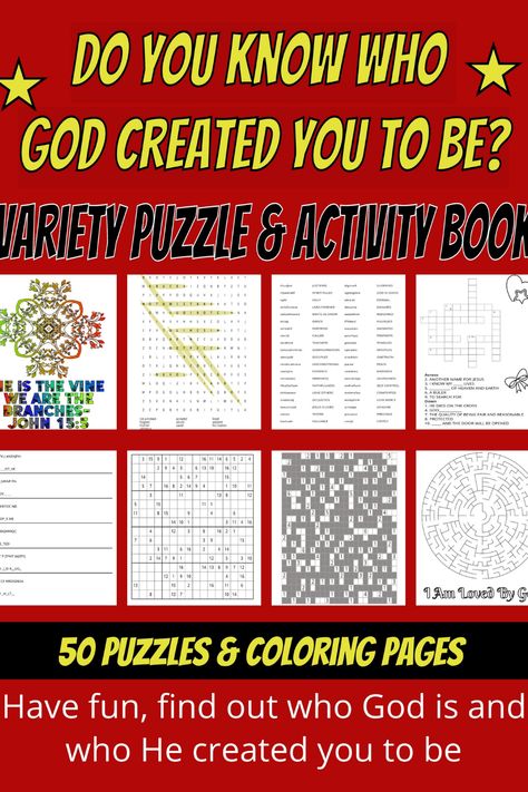 Do you know who God created you to be? Would you like to find out who God is & find out what the Bible says about your true identity? Have fun and find out the answers to these questions and more with this Christian themed activity book for adults. Enjoy yourself & be challenged at the same time with each Christian themed puzzle. 50 different puzzles & activities. Ignite your imagination with wordsearches and coloring pages, Cryptograms, Wordscrambles, crosswords, sudoku, nurikabe, & mazes. Christian Puzzles, Christian Activities, Music Writing, Christian Resources, Creative Writing Prompts, Activity Books, True Identity, Puzzle Books, Activity Book