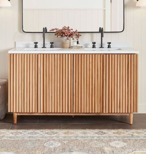 Bathroom Sinks & Vanities | Rejuvenation Slab Cabinets, Console Bathroom Sink, Teak Vanity, Cabinet Fronts, Primary Bathroom, Interior Design Resources, Drawer Hardware, Bathroom Sink Vanity, Entryway Furniture