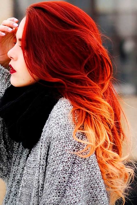 Pumpkin Spice Hair With Money Piece, Aries Hair Color, Sunset Ombre Hair, Fire Ombre Hair, Ombre Hair Ideas, Red Balayage Hair, Sunset Hair, Red Ombre Hair, Purple Ombre Hair