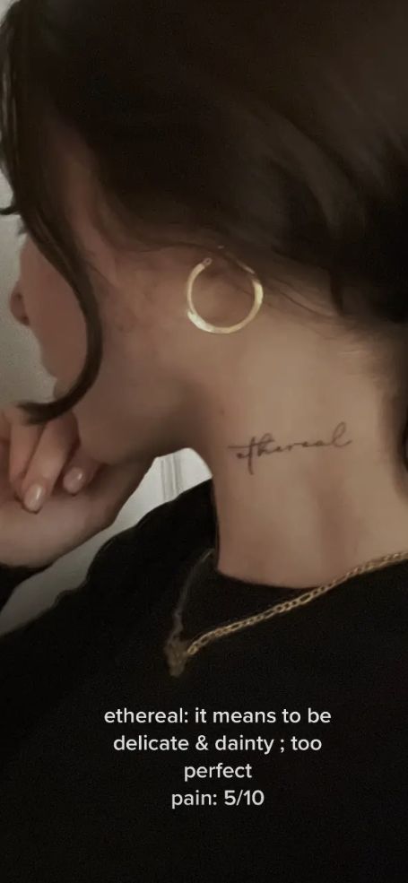 Heavenly Neck Tattoos, Neck Cursive Tattoo, Ethereal Neck Tattoo, Neck Tattoo Cursive, Ethereal Word Tattoo, Neck Word Tattoos Women, Eternal Tattoo Word, Cursive Tattoos For Women, Script Neck Tattoo