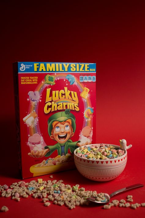 Cereal Box Photography, Cereal Photography, Cereal Lucky Charms, Cereals Photography, Cereal Commercial, Marshmallow Cereal, Cereal Packaging, Magazine Front Cover, Lucky Charms Cereal