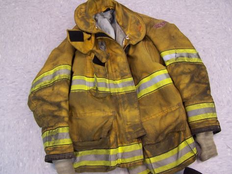 Photograph of a dirty HiViz firefighter uniform jacket. Fireman Jacket, Galo Thymos, Firefighter Uniform, Firefighter Jacket, Uniform Jacket, Match Me, Trucker Jacket, Clothing Rack, Jacket Style