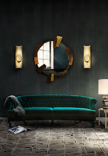 @BRABBU, Modern interior, velvet sofa, round mirror, luxury living room Interior Boho, Green Couch, Mirror On The Wall, Modern Home Furniture, Design Apartment, A Living Room, A Mirror, Modern Sofa, Living Room Inspiration