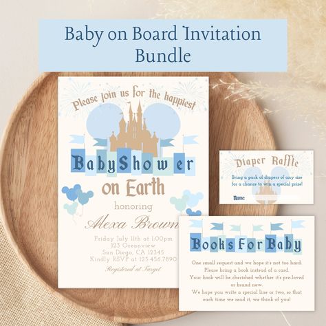 🎠 Celebrate the upcoming arrival of your little one with our "Happiest Baby Shower on Earth" invitation! This Disneyland-themed invite features beloved characters Mickey and Minnie Mouse, bringing a touch of magic to your special event. ✨ Invitation Details: Editable Canva Invitation Template ✨Non-editable files included: - Books for Baby Card: 5" x 3.5" (prints 10 per page) - Diaper Raffle Ticket: 3.5" x 2" (prints 4 per page) - Diaper Raffle Sign: 8" x 10" 📅 How It Works: Purchase this listi Disneyland Baby Shower Invitations, Happiest Baby Shower On Earth, Disney Baby Shower Themes For Boys, Second Boy Baby Shower Ideas, Baby Land Baby Shower Theme, Baby Shower Disney Theme Boy, Disney Boy Baby Shower Ideas, Disney World Baby Shower Ideas, Vintage Disneyland Baby Shower Ideas