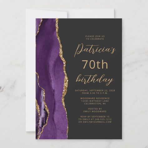 Purple Gold Agate Slate Script 70th Birthday Invitation  Zazzle Purple Birthday Party Decorations, Purple Birthday Party, Modern Birthday Party, 60th Birthday Party Invitations, 70th Birthday Invitations, 60th Birthday Invitations, 90's Birthday Party, Modern Birthday, Gold Party Decorations