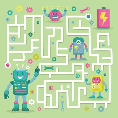 Maze Game Design, Robot Birthday Party, First Grade Math Worksheets, Escape Room Puzzles, Robot Party, Mazes For Kids, Maze Puzzles, Maze Game, Teaching Technology