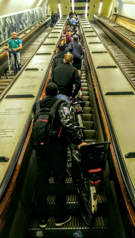 Maastunnel, bicycle-highway on an escalator. Rotterdam. Escalator Photography, Highway Photoshoot, Escalator Photoshoot, Rotterdam, Railroad Tracks, Jade, Bicycle, Architecture, Photographer