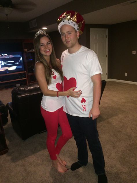 King and Queen of Hearts Costume King And Queen Dress Up Ideas, Diy King Of Hearts Costume, Heart Costume Diy, Ace Of Hearts Costume, Crown And Coke Halloween Costume, King And Queen Of Hearts Costume Couple, King And Queen Halloween Costumes, Queen And King Of Hearts Costume, Queen Of Hearts Couple Costume