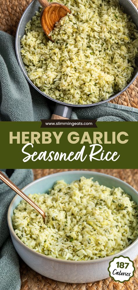 This Herby Garlic Seasoned Rice, infused with fragrant coriander and parsley, contributes a deliciously light and fluffy element to your meal. Quick to prepare in under 30 minutes, it serves as the ideal accompaniment to a variety of main courses, enhancing their flavours with its aromatic profile. Savoury Rice Recipe, Flavored Rice Recipes, Healthiest Diet, White Rice Recipes, Rice Side Dish Recipes, Seasoned Rice Recipes, Garlic Rice, Savory Rice, Rice Cooker Recipes