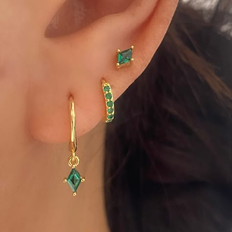 Emerald Green Dangle Drop Earring Gift Set, 925 Sterling Silver with 18k Gold plated, 3 Pair 2 Pair Earring Stack Set, Green Stud, Gift by AnettJewellery on Etsy Three Piece Earring Set, Emerald Earring Stack, Green Earring Stack, 3 Earring Stack, Emerald Green Jewelry Set, Gold Earring Stack, Gold Earring Set, Earring Stacks, Gold Earrings Set