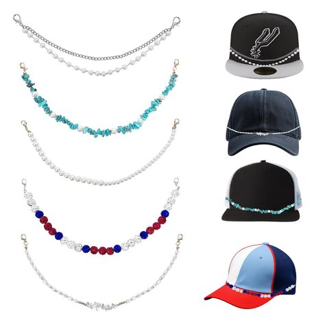 PRICES MAY VARY. 5PCS TRUCKER HAT CHAINS - Package includes 5pcs trucker hat chains, our fashion hat chain set includes turquoise bead chain, pearl chain, diamond ball chain, paper clip chain and chain chain, DIY and decorate your trucker hats, baseball hats and more with these western hat chain charms, show off the extra charm. EASY TO USE - Each of these stylish trucker hat decorative chains comes with two claw clasps that can be clasped on trucker hats with mesh backs to add the perfect finis Hat Chain, Baseball Accessories, Pearl Chains, Diamond Ball, Black Trucker Hat, Ribbon Decorations, Chain Diamond, Western Hat, Hats Baseball