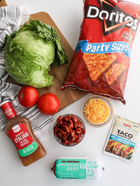 Italian Dressing Marinade, Doritos Taco Salad, Salsa Ranch Dressing, Taco Salad Doritos, Doritos Taco, Zesty Italian Dressing, Taco Salad Recipes, Cheese Chips, Potluck Dishes