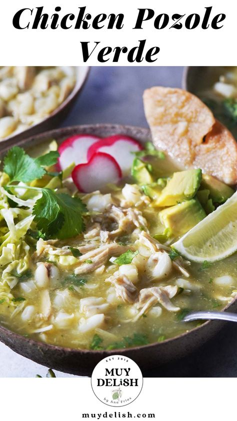 Chicken Pozole Verde is a soup that keeps life interesting – it’s filled to the brim with hominy, chicken and lots of delicious garnishes. Chicken Posole Recipe Crock Pots, Mexican Soup With Hominy, Chili Verde Crockpot, Muy Delish, Chicken Pozole Verde, Posole Recipe Chicken, Chicken Poblano Soup, Chicken Pozole Recipe, Pozole Verde Recipe