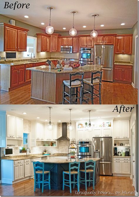 before and after of DIY kitchen remodel, raised kitchen cabinets, open cabinetry, painted cabinets Kitchen Cabinets Open, Kitchen Cabinets Before And After, Diy Kitchen Cabinet, Cabinets To Ceiling, Kitchen Cabinet Painting, Diy Kitchen Cabinets Painting, Kitchen Makeover Ideas, Cabinet Painting, Dining Room Remodel