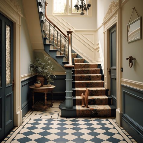 Hallway Flat, Landing Stairs, Stair Paneling, Modern Georgian, Moody Design, Staircase Landing, Tiled Hallway, Dado Rail, Hallway Designs