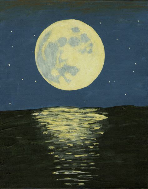 Moon over ocean. acrylic on stretched canvas Moon And Ocean Painting, Moon Painting Ideas On Canvas, Moon And Ocean Aesthetic, Easy Moon Painting, Moon Painting Easy, Easy Nature Drawings, Planet Painting, Ocean Drawing, Sea Drawing