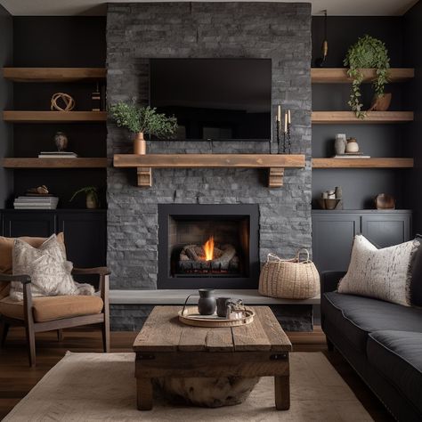 Custom Reclaimed Wood Beam Fireplace Mantels With Matching Shelves 705 - Etsy Family Living Room Wall Decor, Beside Fireplace Wall Decor, Large Tv With Fireplace, Grey Wood Fireplace, Buildout Fireplace, Masculine Bonus Room, Dark Stained Mantle, Full Wall Stone Fireplace, Built In Wood Fireplace