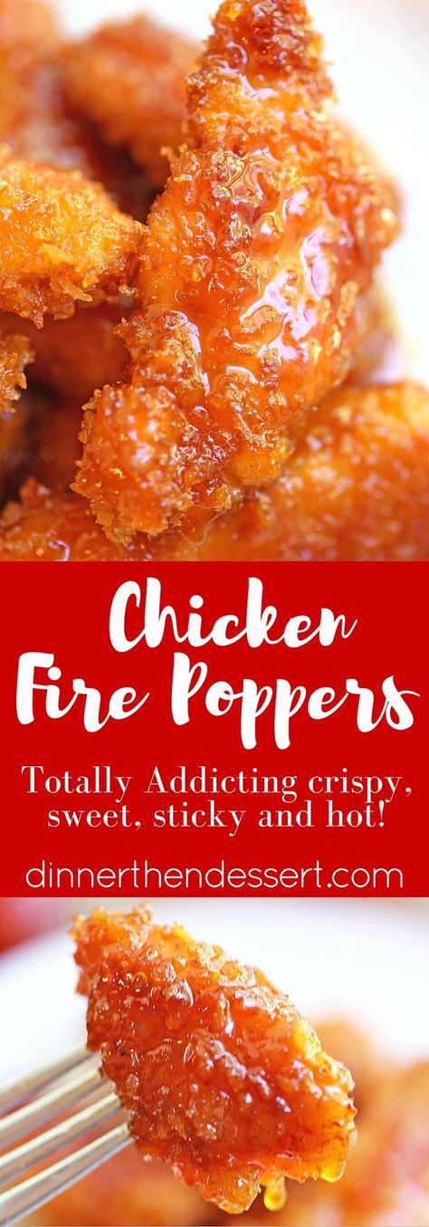 Chicken Fire Poppers are panko crusted, skillet fried then dipped in the most glorious honey-brown sugar hot sauce you've ever tasted and baked until they are bites of crunchy, sticky, sweet, spicy perfection! Sliders Bar, Chicken Recipes Spicy, Recipes Spicy, Chicken Poppers, Best Chicken Recipes, Honey Brown, Chicken Tenders, Easy Chicken Recipes, Turkey Recipes