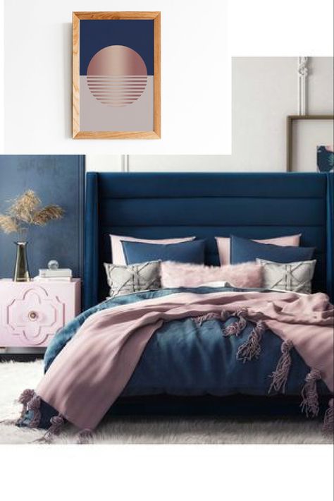 Blue And Pink Bedroom, Blue And Gold Bedroom, Rose Gold Bedroom, Navy Bedrooms, Blonde Hair Tan Skin, Navy Blue Bedrooms, Gold Bedroom Decor, Bedroom Decor Gray Walls, Blue Bedrooms