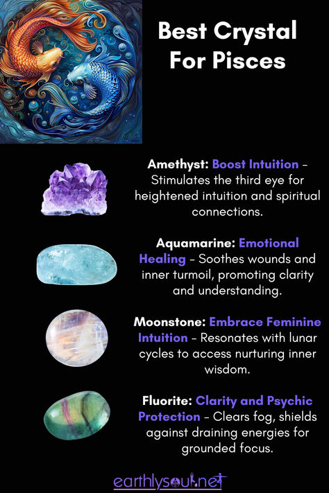 Four crystals to support intuition and healing for Pisces Draconic Chart, Pisces Intuition, Crystals For Pisces, Pisces Crystals, Crystals 101, Witchy Astrology, Crystal Knowledge, Ethereal Core, Pisces Color