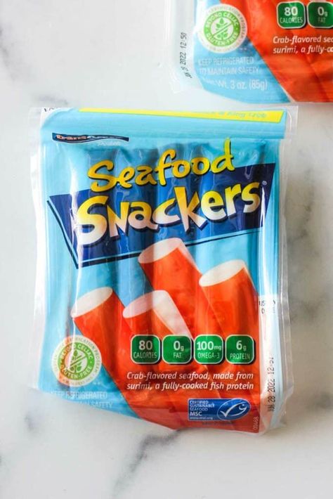 a plastic package of seafood snackers Air Fryer Crab, Crab Sticks, Seafood Dip, Canned Seafood, Seafood Bake, Crab Stick, Sustainable Seafood, Easy Air Fryer, Nutritious Snacks