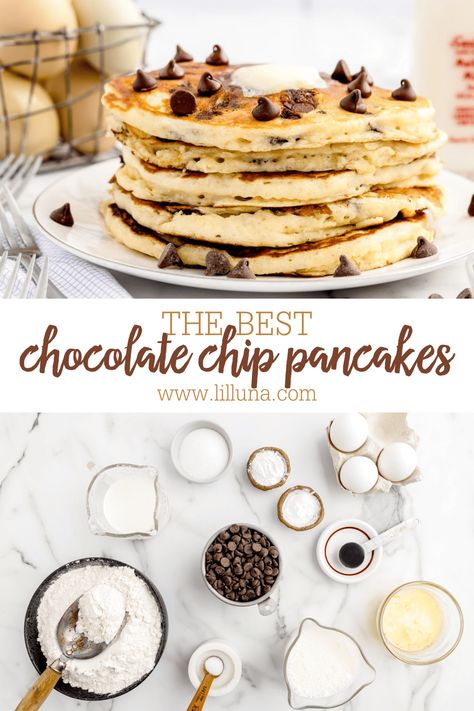 Deliciously fluffy chocolate chip pancakes are perfect for even the biggest kid. Whip them up for breakfast or dessert! #chocolatechippancakes #chocolatechip #pancakes #breakfast #easybreakfast Best Chocolate Chip Pancake Recipe, White Chocolate Pancakes, Homemade Chocolate Chip Pancakes, Chocolate Chip Pancakes Recipe, Nutella Pancakes, Yogurt Pancakes, Best Pancake Recipe, Pancakes Breakfast, Overnight Breakfast Casserole