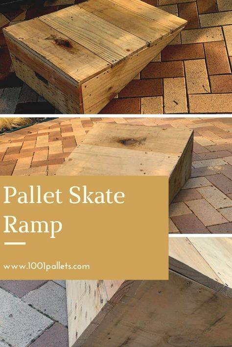 This skateboard ramp is a structure that is easy to build and does not require a lot of pallets. The dimensions of this ramp are 6′ long, 4′ wide and 1′-6 high. To build this skate ramp out of pallet wood, you will need a jigsaw, hacksaw, drill and screws min. You can find the …    Read More »  #PalletCraftsForKids, #RecyclingWoodPallets, #Skateboard #FunPalletCraftsforKids Diy Outdoor Toys, Backyard Skatepark, Pallet Halloween, Pallet Kids, Repurposed Pallet Wood, Skate Ramp, Pallet Home Decor, Skateboard Ramps, 1001 Pallets