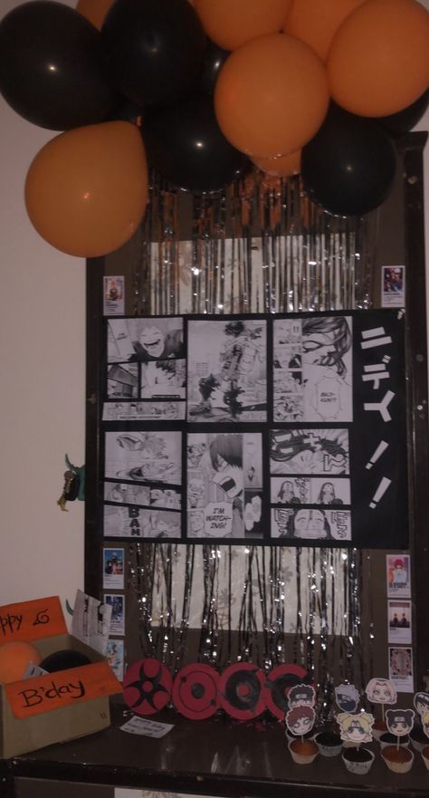 anime 
silver curtain
orange, black balloons 
manga panels
cupcake props with anime characters face stickers
anime cards
diy-cd sharinganeyes 
 anime birthday box with anime presents! Anime Themed Birthday Party Decor, Anime Birthday Theme Ideas, Anime Theme Party Decorations, Anime Bday Party Ideas, Anime Sweet 16 Birthday Parties, Manga Party Ideas, Nana Themed Party, Haikyuu Birthday Party, Manga Birthday Party