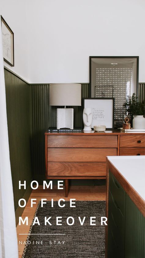 Home Office Makeover Reveal - our bedroom and office before and after transformation. We turned this basic room into an office oasis! Modern hunter green wainscoting, floor to ceiling curtains, and a waterfall desk. It's a modern office dream by Nadine Stay. #modernoffice #homeoffice #huntergreen #wainscoting #modernwainscoting #DIYhomereno #beforeandafter #homemakeover #homereveal Painted Paneling Office, Urban Office Decor, Home Office Midcentury Modern, Before And After Office Makeover, Mcm Wainscoting, Moody Office Guest Bedroom, Home Office Moodboard, Home Office Paneling, Home Office Before And After