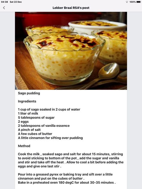 South African Dessert Recipes, African Dessert Recipes, Sago Pudding Recipe, African Desserts, Sago Pudding, Sago Recipes, South African Desserts, African Dessert, Warm Desserts