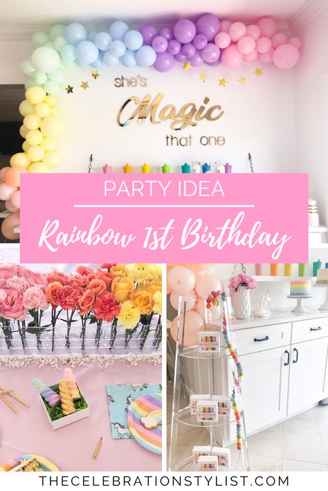 Throw a colorful rainbow birthday party! Learn what decor, food, and favors you need to throw the perfect kids birthday party. - Celebration Stylist Rainbow One Birthday, Rainbow Sprinkle Birthday Party, One Year Old Rainbow Birthday Party, Rainbow Themed First Birthday Party, Rainbow First Birthday Party Girl, Minecraft Birthday Party Favors, First Birthday Rainbow Theme, 1st Birthday Rainbow Theme, Pink Rainbow Party