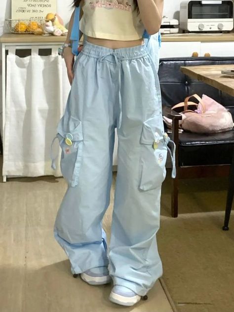 Red is beautiful❤️💯✔️I loved Leg Sport, Cargo Pants Women Baggy, Kawaii Pants, Kawaii Blue, Y2k Cargo Pants, Junior Pants, Wide Leg Cargo Pants, Pocket Embroidery, Style Kawaii