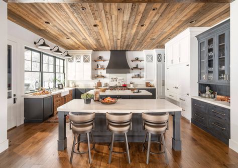 Estate - Peoa, Utah - Farmhouse - Kitchen - Salt Lake City - by Magleby Construction | Houzz Distressed Cabinets, Wooden Ceiling, Farmhouse Kitchen Design, Mountain Home, Counter Tops, Kitchen Styling, Diy Kitchen, Dream Kitchen, A Kitchen