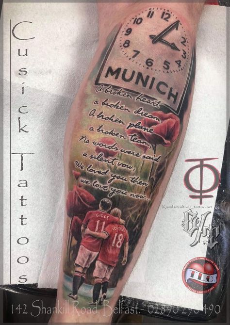 Man United Tattoo, Manchester United Tattoo, Man Utd Tattoo, Disaster Tattoo, Arsenal Fc Art, Munich Air Disaster, Belfast Tattoo, Love Vows, Family Tattoo