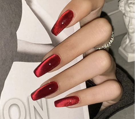 Dark Red Cat Eye Shiny Press On Nails Red Nails Acrylic Cat Eye, Bright Red Cat Eye Nails, Glassy Red Nails, Wine Red Cat Eye Nails, Christmas Nails Red Cat Eye, Red Car Eye Nails, Christmas Cateye Nails, Red Holographic Nails Acrylic, Cateyes Nails Christmas