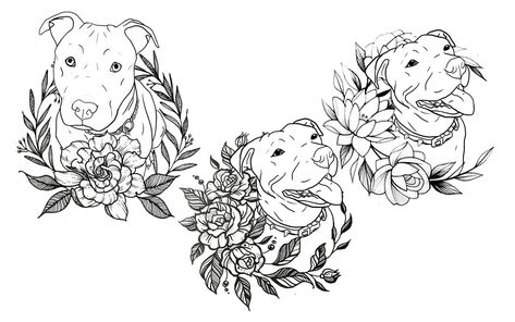 Dog Flower Crown Tattoo, Pitbull With Flowers Tattoo, Fine Line Dog Tattoo With Flowers, Dog Mandala Tattoo, Dog With Flowers Tattoo, Pitbull Tattoo For Women, Staffy Tattoos, Floral Dog Tattoo, Pit Bull Tattoo