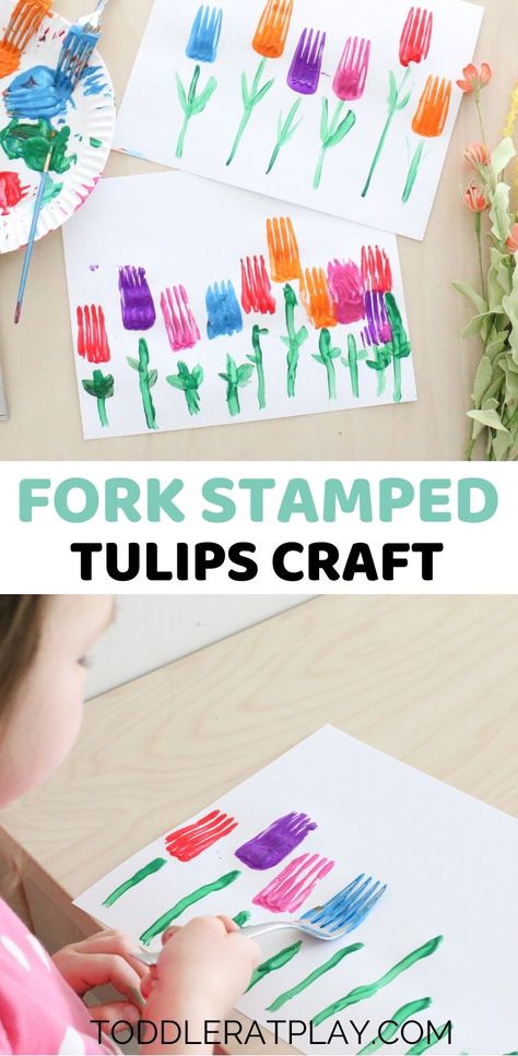 This Fork Stamped Tulips Craft is a fun and unique Spring craft perfect for toddlers and preschoolers!  #forkpainting #tulipcraft #springcrafts #craftsforkids Tk Arts And Crafts, Preschool Gardening, Silly Crafts, Garden Installation, Spring Arts And Crafts, Babysitting Crafts, Garden Unit, Storytime Crafts, April Crafts