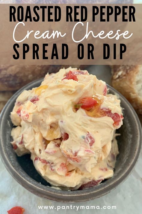 Roasted Red Pepper Cream Cheese Dip can be used as a spread or dip on your favorite bread and crackers. Uses just 2 ingredients! Cream Cheese Dip For Crackers Sweet, Roasted Red Pepper Dip Cream Cheese, Sourdough Toppings, Roasted Red Pepper Cream Cheese, Red Pepper Cream Cheese, Sourdough Snacks, Red Pepper Dip Recipe, Pepper Cream Cheese, The Pantry Mama