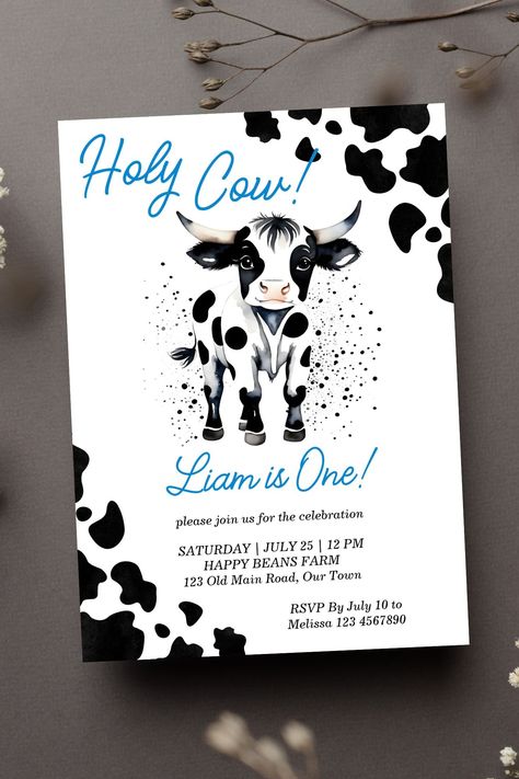 Holy cow birthday party template invitation instant download cute baby bull first birthday black Cow Party Invitations Free Printable, Holy Cow Im One Birthday Boy, Cow Birthday Party, Birthday Party Template, Cow Birthday Parties, Template Invitation, Cow Birthday, Party Template, Party Trends